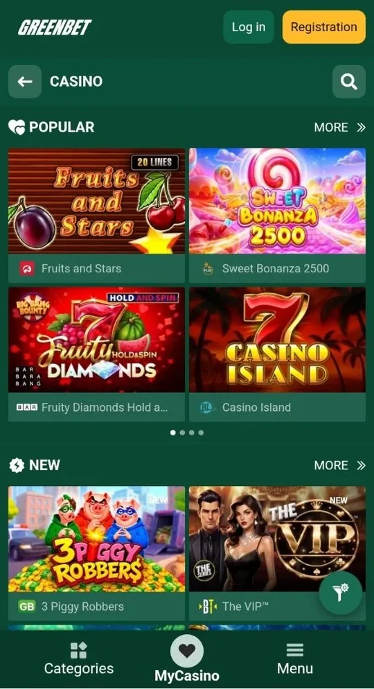Greenbet casino lobby with Popular and New game rows on a phone