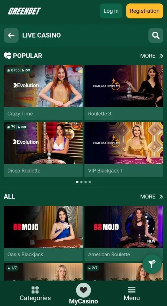 Greenbet Live Casino section with live dealer tables