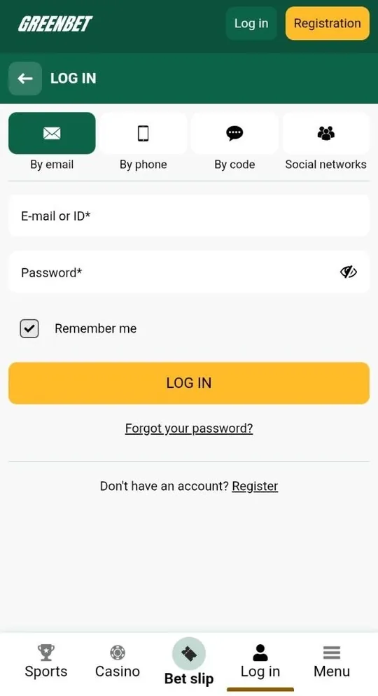 Greenbet By email login tab with E-mail or ID and password fields