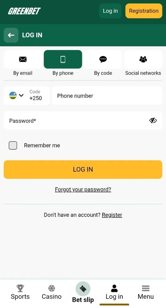 Greenbet login form on the By phone tab with the +254 country code