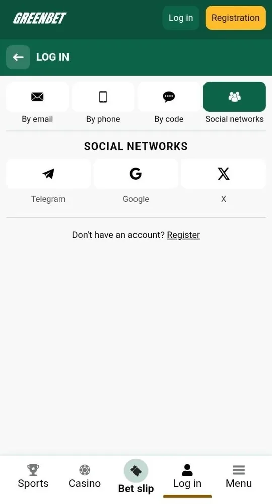 Greenbet social networks login tab with Telegram, Google and X