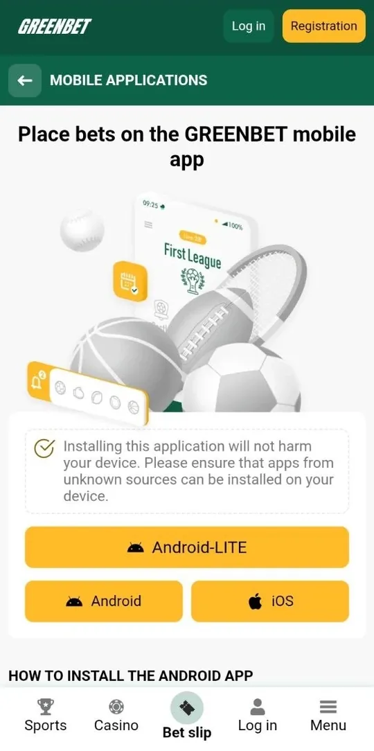 Greenbet mobile applications page with Android-LITE, Android and iOS buttons