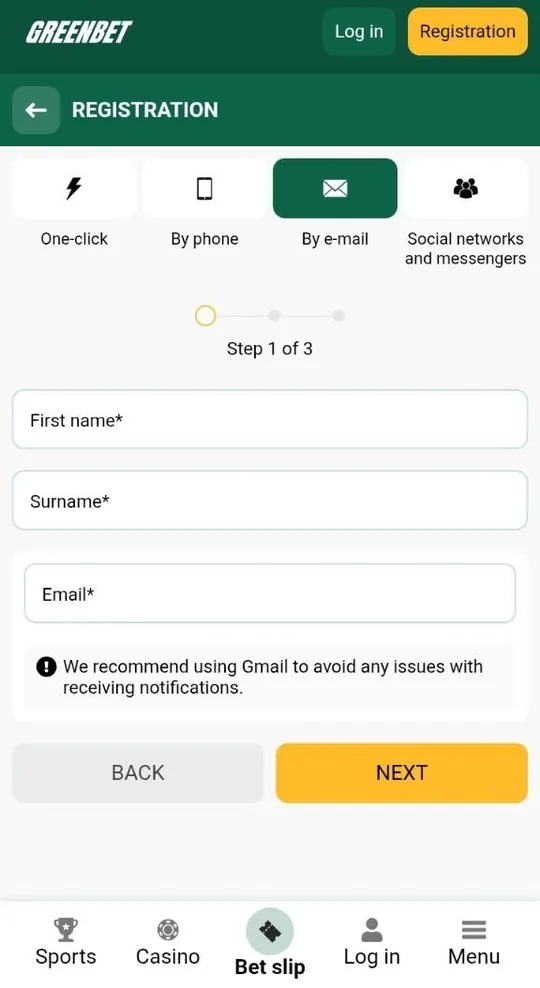 Greenbet By e-mail registration step 1 of 3 with name and email fields