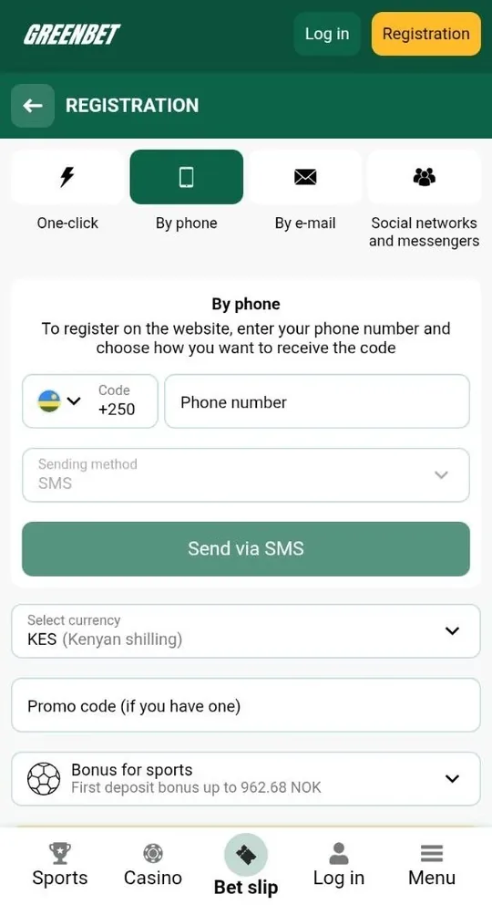 Greenbet By phone registration form with the Send via SMS button