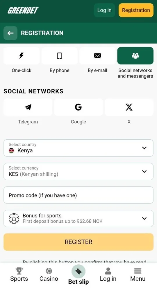 Greenbet social networks registration tab with Telegram, Google and X