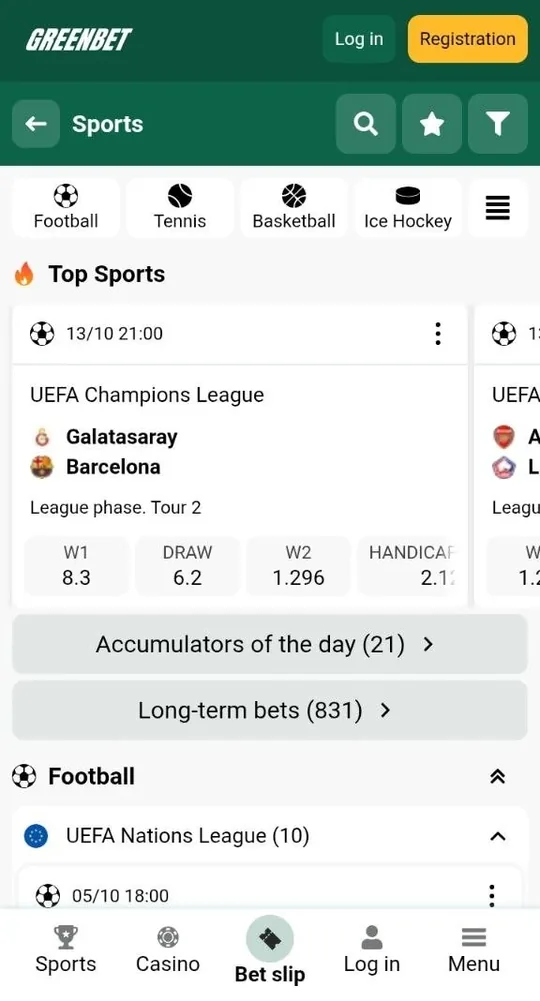 Greenbet sportsbook with live football and tennis events on a phone